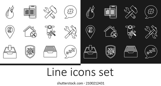 Set line Speech bubble with snoring, Crossed hammer and wrench, House service, Location, Clean water drop, Scooter and Smartphone book icon. Vector
