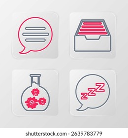 Set line Speech bubble with snoring, Test tube virus, Drawer documents and chat icon. Vector