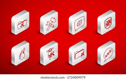 Burbuja de voz con ronquidos, martillo cruzado y llave inglesa, habla de etiqueta, detener virus, bacterias, servicio de carpetas, scooter y icono de gota de agua limpia. Vector