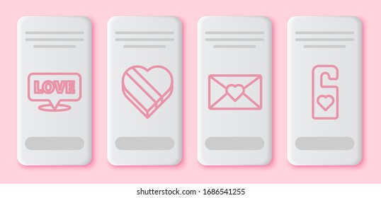 Set line Speech bubble with text love, Candy in heart shaped box, Envelope with Valentine heart and Please do not disturb with heart. White rectangle button. Vector