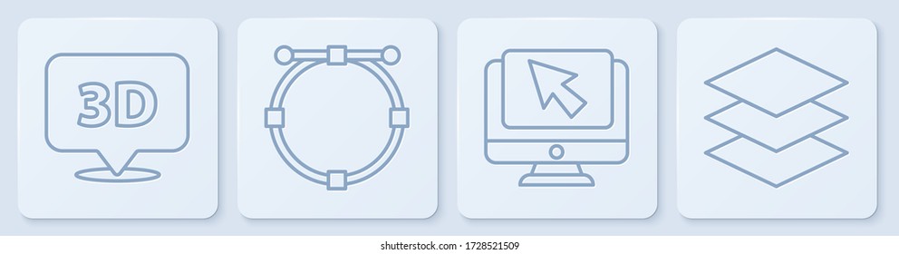 Set line Speech bubble with text 3D, Computer monitor and cursor, Circle with Bezier curve and Layers. White square button. Vector