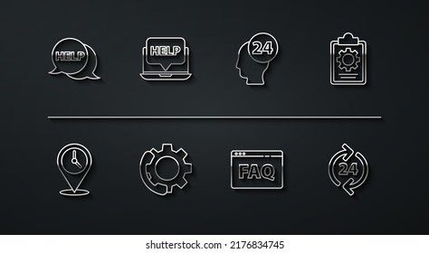 Set line Speech bubble with text Help, Location clock, Checklist 24 hours service, Browser FAQ, Telephone support, Laptop and help,  and Support operator in touch icon. Vector