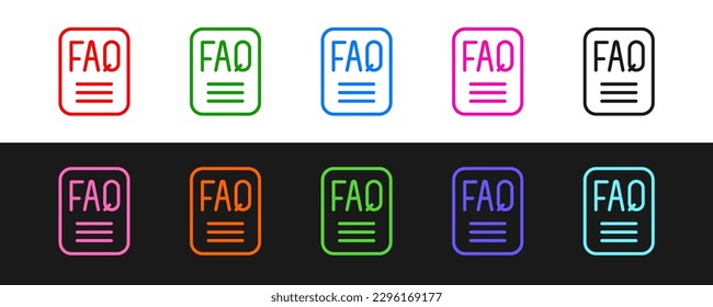 Set line Speech bubble with text FAQ information icon isolated on black and white background. Circle button with text FAQ.  Vector