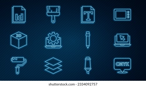 Set line Speech bubble with text CMYK, Laptop and cursor, Text file document, gear, Isometric cube, ID File, Pencil eraser and Paint brush icon. Vector