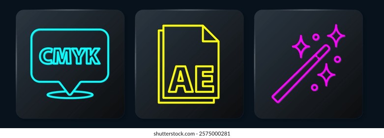 Set line Speech bubble with text CMYK, Magic wand and AE file document. Black square button. Vector