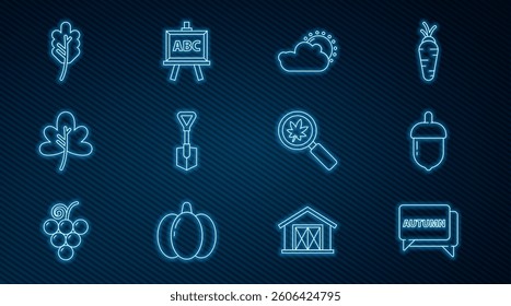 Set line Speech bubble with text autumn, Acorn, Sun and cloud weather, Shovel, Leaf leaves, Magnifying glass leaf and Chalkboard icon. Vector