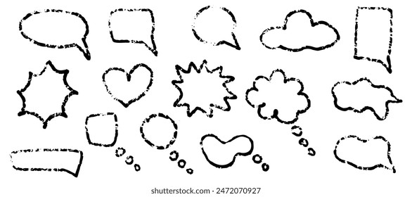 Set of line speech bubbles. Dialogue box in doodle style. Doodles drawing with wax or chalk marker. Text boxes for chats and games. Various talk balloon shapes in retro 90's style