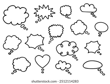 Set of line speech bubbles. Dialogue box in doodle style. Text boxes for chats and games. Collection of hand drawn comic speech bubble. Various talk balloon shapes in retro 90's style