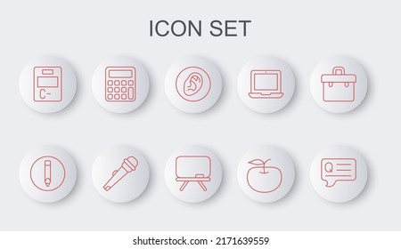 Set Line Speech Bubbles With Question, Pencil, Ear Listen Sound Signal, Apple, Exam Paper Incorrect Answers, Calculator, Microphone And Chalkboard Icon. Vector