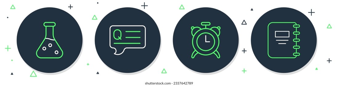 Set line Speech bubbles with Question, Alarm clock, Test tube and Notebook icon. Vector