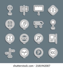 Set line Speed limit traffic, Road sign, Billboard with lights, Slippery road, Railroad crossing, Hospital and  icon. Vector
