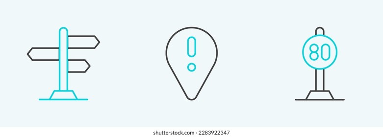 Establecer el tráfico de límite de velocidad de línea, el símbolo de carretera y la ubicación con el icono de marca de exclamación. Vector