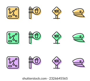 Set line Geschwindigkeitsbegrenzung Verkehrszeichen 100 km, Bahnplan, Cafe und Restaurant Lage und Zug Fahrer Hut Symbol. Vektorgrafik
