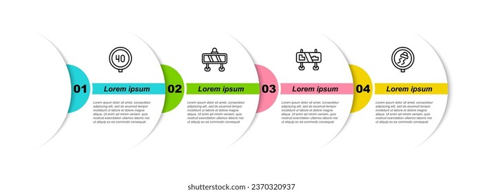 Set line Speed limit traffic, Road barrier, sign and Slippery road. Business infographic template. Vector