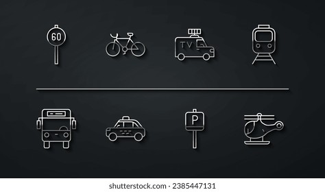 Fijar línea de velocidad límite tráfico, bus, tren y tren, estacionamiento, taxi, bicicleta, helicóptero y TV Icono de noticias. Vector