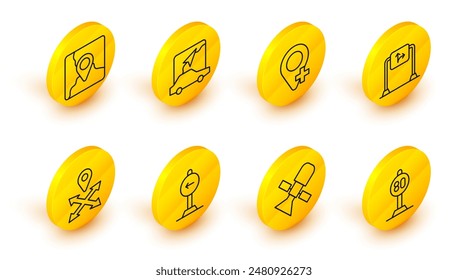Set line Speed limit traffic, Satellite, Traffic sign turn left, Location, Road, City map navigation and Folded with location marker icon. Vector