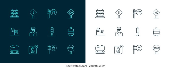 Set line Speed limit traffic sign 100 km, Online ticket booking, Train light, Cafe and restaurant location, conductor, End of railway tracks and Exclamation mark square icon. Vector