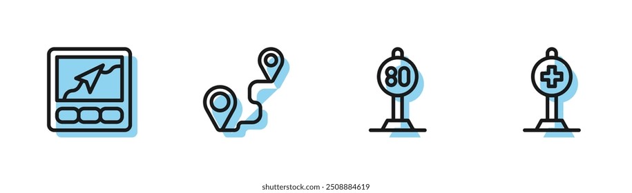 Set line Speed limit traffic, Gps device with map, Route location and Location cross hospital icon. Vector