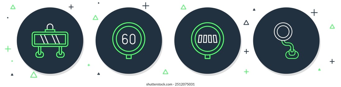 Set line Speed limit traffic, Pedestrian crosswalk, Road barrier and sign icon. Vector