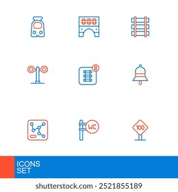 Límite de velocidad de la señal de tráfico de 100 km, inodoro, mapa de ferrocarril, campana de la estación de tren, luz, reserva de boletos en línea, barrera y puente para el icono de tren. Vector