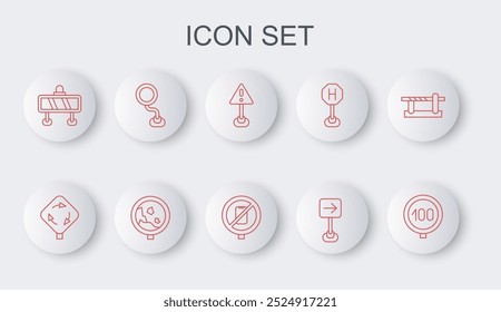 Set line Speed limit traffic, Roundabout sign, Exclamation mark in triangle, Traffic turn right, Road barrier, warning rockfall and No cell phone icon. Vector