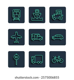 Set line Speed limit traffic, Delivery cargo truck, Bicycle, Tractor, Minibus, Plane, Train and railway and Hatchback icon. Vector