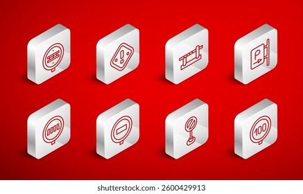 Set line Speed limit traffic, Exclamation mark in triangle, Parking car barrier, Stop sign, Railroad crossing,  and Pedestrian crosswalk icon. Vector