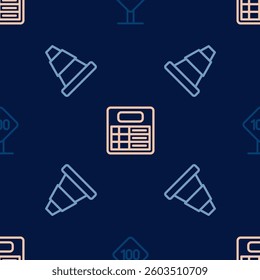 Set line Speed limit traffic sign 100 km, Traffic cone and Train station board on seamless pattern. Vector