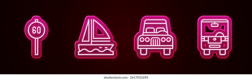 Set line Speed limit traffic, Yacht sailboat, Car and Bus. Glowing neon icon. Vector