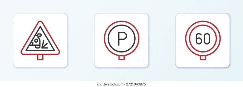 Establecer el límite de velocidad de la línea de tráfico, señal de advertencia de la carretera y el icono de estacionamiento. Vector