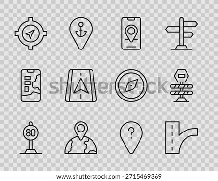 Set line Speed limit traffic, Road sign, City map navigation, Location the globe, Compass, Unknown route point and barrier icon. Vector