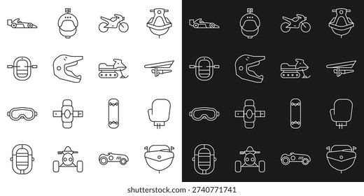 Set line Speedboat, Boxing glove, Hang glider, Motorcycle, Motocross motorcycle helmet, Rafting, Formula 1 racing car and Snowmobile icon. Vector