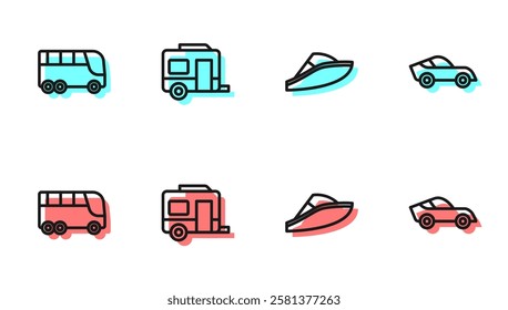 Set line Speedboat, Bus, Rv Camping trailer and Car icon. Vector