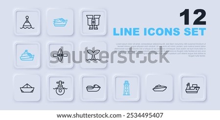 Set line Speedboat, Cargo ship, Kayak and paddle, Lighthouse, Submarine,  and Jet ski icon. Vector