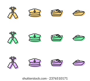 Set line Speedboat, Crossed oars or paddles, Captain hat and  icon. Vector