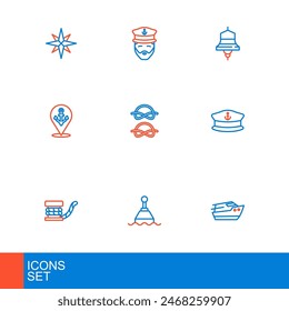 Set line Speedboat, Floating buoy, Marine bollard with rope, Captain hat, Location anchor, Nautical knots, Ship bell and of ship icon. Vector