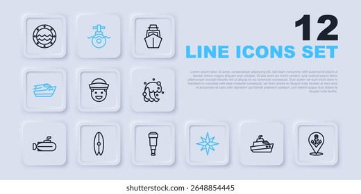Set line Speedboat, Localização com âncora, Marinheiro, Rosa do vento, Surfboard, Submarino e Spyglass ícone de lente telescópio. Vetor