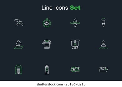 Set line Speedboat, Nautical rope knots, Lighthouse, Inflatable with motor, Floating buoy, Binoculars, Striped sailor t-shirt and Yacht sailboat icon. Vector