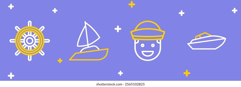 Set line Speedboat, Sailor, Yacht sailboat and Ship steering wheel icon. Vector