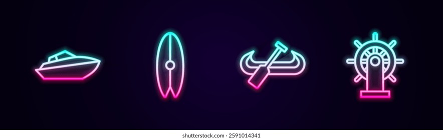 Set line Speedboat, Surfboard, Kayak and paddle and Ship steering wheel. Glowing neon icon. Vector