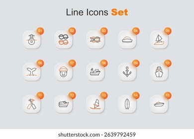 Set line Speedboat, Surfboard, Windsurfing, Crossed oars or paddles, Yacht sailboat, Anchor and Cargo ship icon. Vector