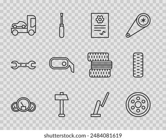 Set Linie Tachometer, Legierungsrad, Auto-Service-Check-Automobil, Hammer, Auto-Transporter-LKW, Rückspiegel, Scheibenwischer und Reifen-Symbol. Vektorgrafik