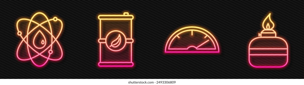 Set line Speedometer, Atom, Bio fuel barrel and Alcohol or spirit burner. Glowing neon icon. Vector