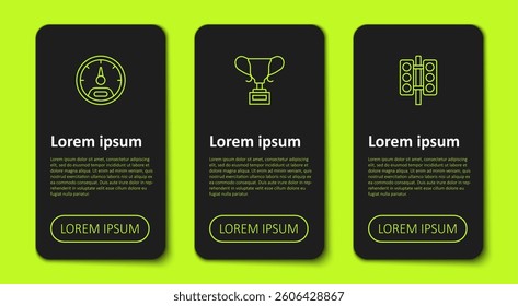 Set line Speedometer, Award cup and Racing traffic light. Business infographic template. Vector