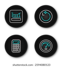Set line Speedometer, Calculator, Radius and Graph, schedule, chart, diagram icon. Vector