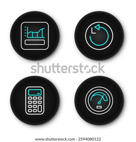 Set line Speedometer, Calculator, Radius and Graph, schedule, chart, diagram icon. Vector