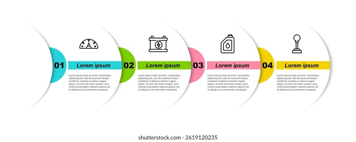 Fije el velocímetro de la línea, la batería de coche, el cartucho para el aceite del motor y el cambiador de marchas. Plantilla de infografía de negocios. Vector
