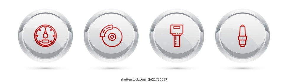 Set line Speedometer, Car brake disk with caliper, key remote and spark plug. Silver circle button. Vector