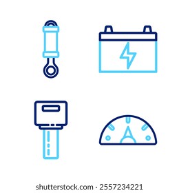 Set line Speedometer, Car key with remote, battery and Shock absorber icon. Vector