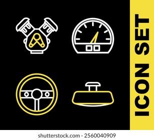 Set line Speedometer, Car mirror, Steering wheel and engine icon. Vector